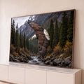 Quadro Decorativo Grande Águia Americana Marrom para Sala | quadros decorativos para sala | águia de cabeça branca voando com asas abertas sobre vale montanhoso e floresta | Porao dos Quadros