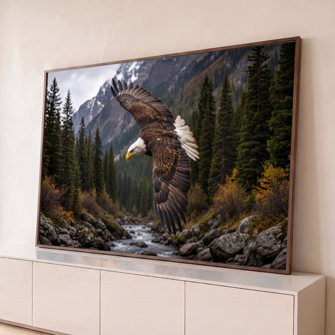 Águia-de-cabeça-branca de asas abertas voando sobre um rio entre pinheiros e montanhas nevadas, quadro decorativo