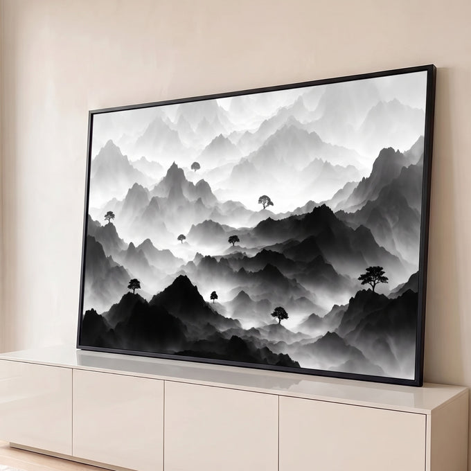 Quadro Decorativo Grande Montanhas Nevoentas para Sala Preto | quadros decorativos para sala | montanhas em camadas de preto e branco com árvores solitárias entre a névoa | Porao dos Quadros