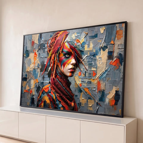 Mulher com rosto pintado em cores tribais e penas vermelhas sobre fundo cinza texturizado, quadro decorativo