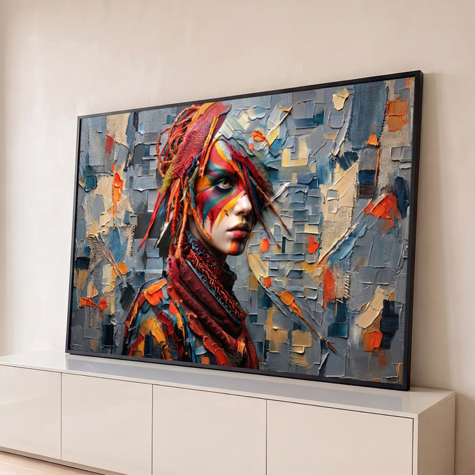 Mulher com rosto pintado em cores tribais e penas vermelhas sobre fundo cinza texturizado, quadro decorativo