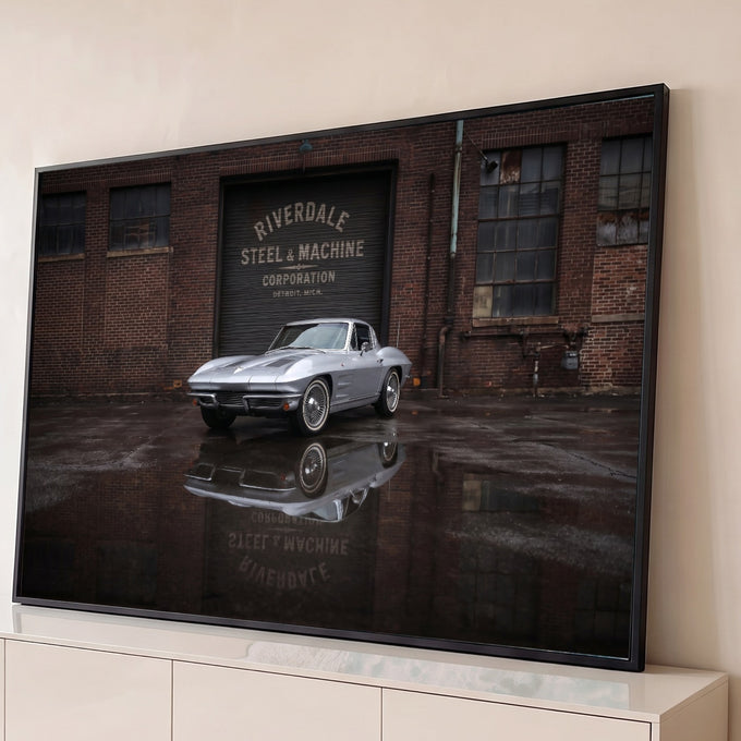Carro clássico prata refletido no asfalto molhado diante de fábrica de tijolos em Detroit, quadro decorativo