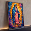 Quadro Decorativo Grande Nossa Azul para Sala | quadros decorativos para sala | Nossa Senhora de Guadalupe em estilo geométrico com manto azul estrelado e raios dourados | Porao dos Quadros