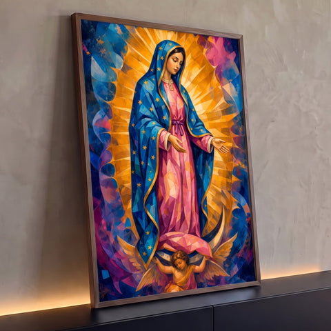 Nossa Senhora de Guadalupe geométrica com manto azul estrelado, raios dourados e anjo, quadro decorativo