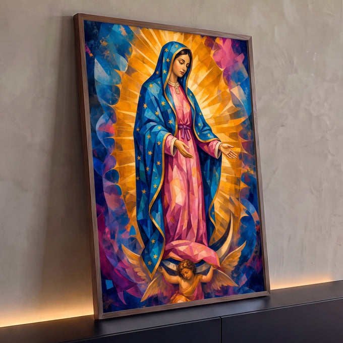 Quadro Decorativo Grande Nossa Azul para Sala | quadros decorativos para sala | Nossa Senhora de Guadalupe em estilo geométrico com manto azul estrelado e raios dourados | Porao dos Quadros