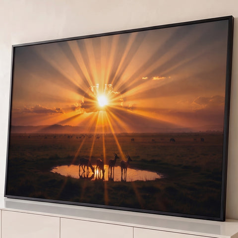Antílopes em silhueta bebendo água na lagoa da savana sob raios do pôr do sol laranja, quadro decorativo