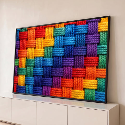 Cordas trançadas em azul, roxo, verde, amarelo, laranja e vermelho formando trama geométrica, quadro decorativo