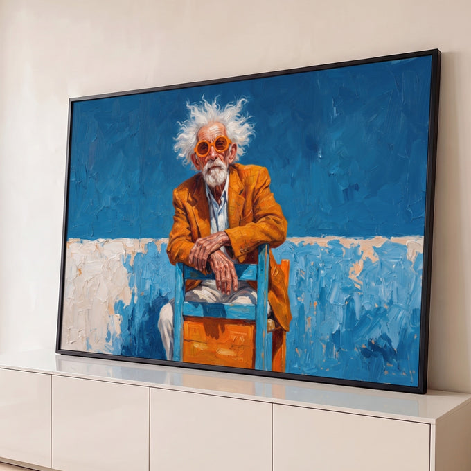 Senhor de cabelo branco, óculos e paletó laranja sentado em cadeira azul, pintura a óleo, quadro decorativo