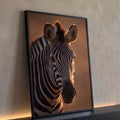 Zebra com listras iluminadas por luz dourada sobre fundo marrom desfocado, quadro decorativo