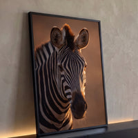Quadro Decorativo Grande Zebra Luz Dourada para Sala Marrom - Borda Infinita / 100x65cm