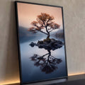 Árvore de folhas laranja em ilhota de pedras refletida em lago azul com névoa e montanhas, quadro decorativo