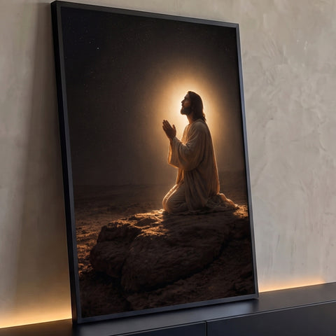 Jesus ajoelhado orando sobre rocha no deserto, céu estrelado e halo dourado, quadro decorativo