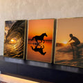 Quadro Decorativo Kit 3 Telas Onda Cavalo para Sala Laranja | quadros decorativos para sala | tríptico com onda, cavalo correndo na água e surfista em silhueta ao pôr do sol | Porao dos Quadros