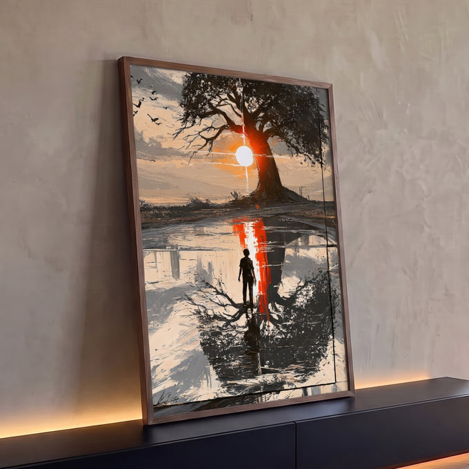 Quadro Decorativo Árvore com Sol Vermelho e Reflexo na Água | quadros decorativos para sala | árvore silhueta com sol vermelho e reflexo na água com figura solitária caminhando | Porao dos Quadros