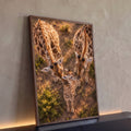 Duas girafas adultas e um filhote vistos de cima na savana com luz dourada, quadro decorativo