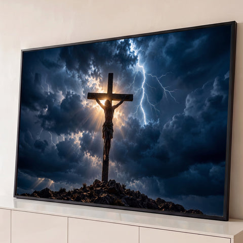 Jesus crucificado no monte sob nuvens de tempestade azuis, raios e luz dourada, quadro decorativo