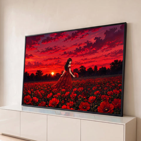 Mulher de vestido vermelho caminhando em campo de papoulas ao pôr do sol vermelho, quadro decorativo