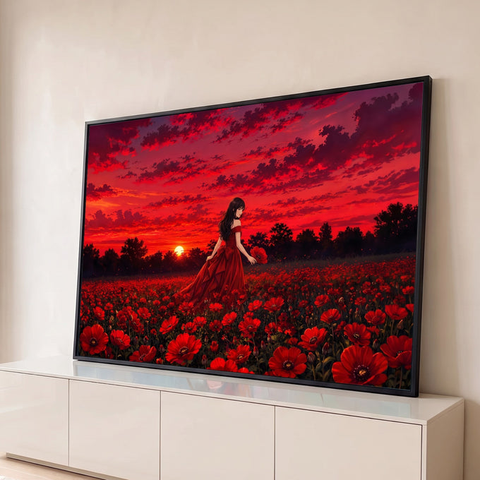 Mulher de vestido vermelho caminhando em campo de papoulas ao pôr do sol vermelho, quadro decorativo