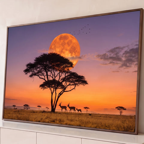 Savana africana ao entardecer com lua laranja gigante, acácia e antílopes em silhueta, quadro decorativo