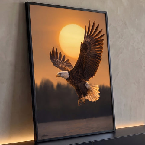 Águia-de-cabeça-branca de asas abertas voando diante do sol poente sobre lago e mata, quadro decorativo