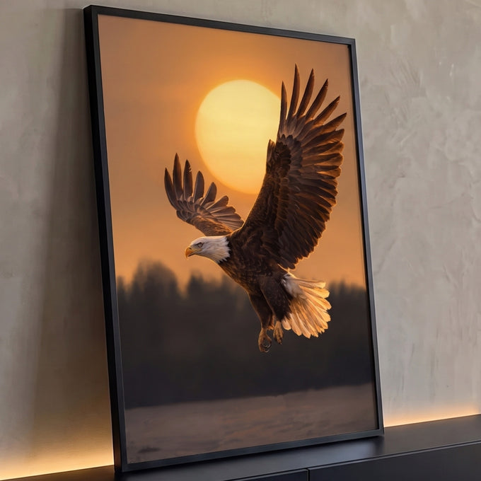 Quadro Decorativo Grande Águia Americana para Sala Laranja | quadros decorativos para sala | águia-de-cabeça-branca voando com asas abertas diante de sol alaranjado ao entardecer | Porao dos Quadros