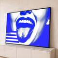 Quadro Decorativo Grande Boca Aberta para Sala Azul | quadros decorativos para sala | boca aberta com dentes e língua em efeito halftone azul e branco | Porao dos Quadros