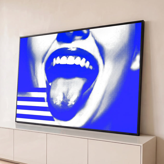 Quadro Decorativo Grande Boca Aberta para Sala Azul | quadros decorativos para sala | boca aberta com dentes e língua em efeito halftone azul e branco | Porao dos Quadros