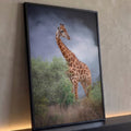 Girafa entre arbustos verdes na savana com céu nublado de tempestade ao fundo, quadro decorativo