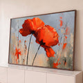 Quadro Decorativo Grande Papoulas Vermelhas para Sala | quadros decorativos para sala | duas papoulas vermelho-alaranjadas texturizadas sobre fundo cinza com caules pretos | Porao dos Quadros