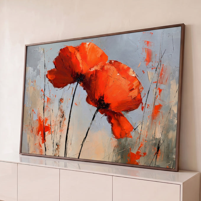 Quadro Decorativo Grande Papoulas Vermelhas para Sala | quadros decorativos para sala | duas papoulas vermelho-alaranjadas texturizadas sobre fundo cinza com caules pretos | Porao dos Quadros