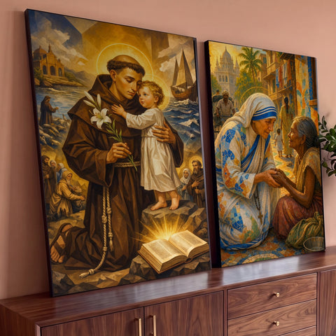 Quadro Decorativo Kit 2 Telas Santo Antônio para Sala Azul | quadros decorativos para sala | Santo Antônio com o Menino Jesus e Madre Teresa amparando uma idosa em rua colorida | Porao dos Quadros