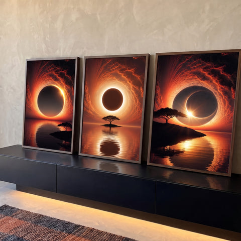 Tríptico de eclipse solar laranja com árvores em ilhas refletidas no mar, quadro decorativo