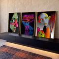 Quadro Decorativo Kit 3 Telas Rostos Surreais Neon para Sala | quadros decorativos para sala | rosto verde surreal, figura em neon gritando e cabeça pop art colorida em três painéis | Porao dos Quadros