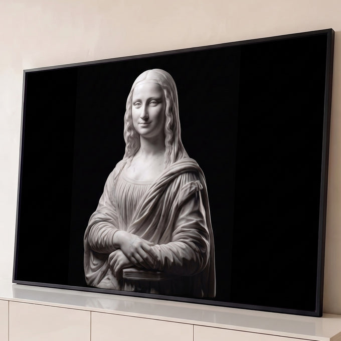 Quadro Decorativo Grande Mona Lisa para Sala Branco | quadros decorativos para sala | busto feminino esculpido em mármore branco no estilo da Mona Lisa, fundo preto | Porao dos Quadros
