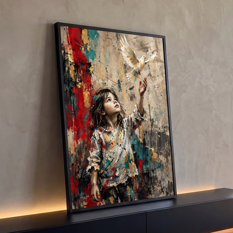 Quadro Decorativo Grande Menina Alcançando para Sala | quadros decorativos para sala | menina de camisa manchada de tinta estendendo a mão para uma pomba branca voando | Porao dos Quadros