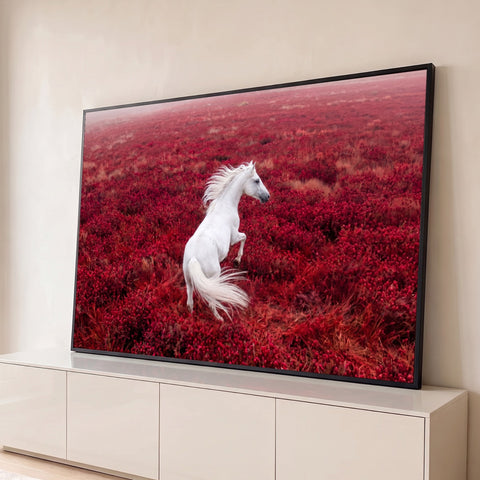 Cavalo branco empinando com a crina ao vento em um campo de vegetação vermelha, quadro decorativo
