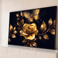Quadro Decorativo Grande Flor e Borboleta Dourado para Sala | quadros decorativos para sala | flor e borboleta douradas com folhas metálicas sobre fundo preto | Porao dos Quadros