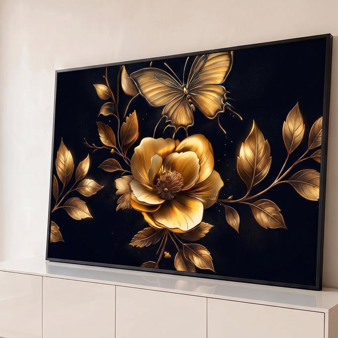 Quadro Decorativo Grande Flor e Borboleta Dourado para Sala | quadros decorativos para sala | flor e borboleta douradas com folhas metálicas sobre fundo preto | Porao dos Quadros
