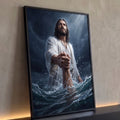 Quadro Decorativo Grande Jesus Salvando para Sala Branco | quadros decorativos para sala | homem de túnica branca segurando braço de alguém na água durante tempestade | Porao dos Quadros
