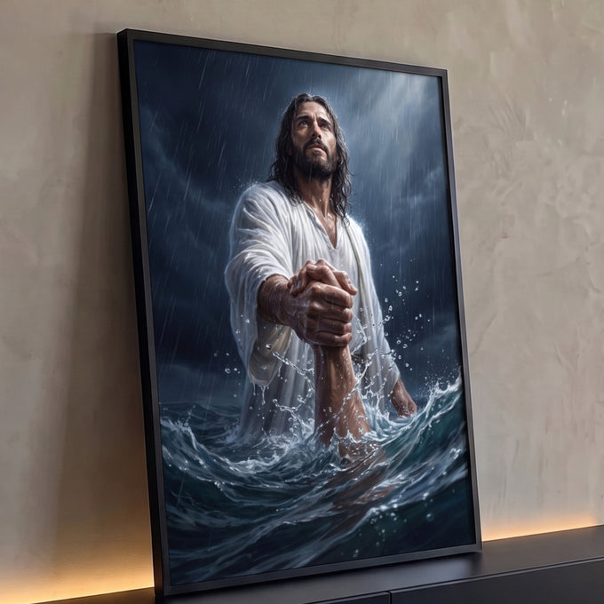 Quadro Decorativo Grande Jesus Salvando para Sala Branco | quadros decorativos para sala | homem de túnica branca segurando braço de alguém na água durante tempestade | Porao dos Quadros