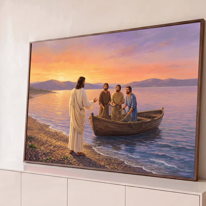 Quadro Decorativo Grande Jesus Chamando Laranja para Sala | quadros decorativos para sala | Jesus na praia conversando com pescadores em barco durante pôr do sol colorido | Porao dos Quadros