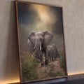 Manada de elefantes caminhando por trilha de terra na savana sob névoa e luz dourada, quadro decorativo