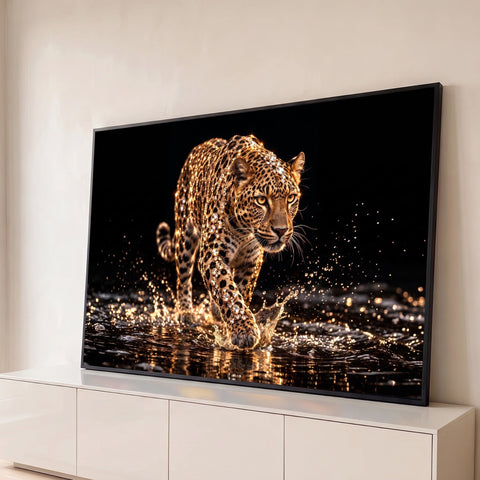 Leopardo cravejado de cristais caminhando na água com respingos dourados e fundo preto, quadro decorativo