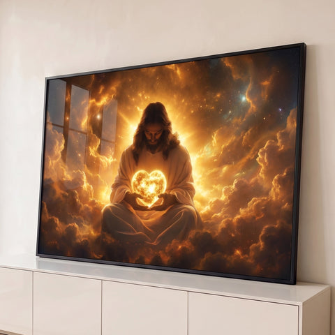 Jesus em meditação segurando coração de luz dourada entre nuvens e cosmos estrelado, quadro decorativo