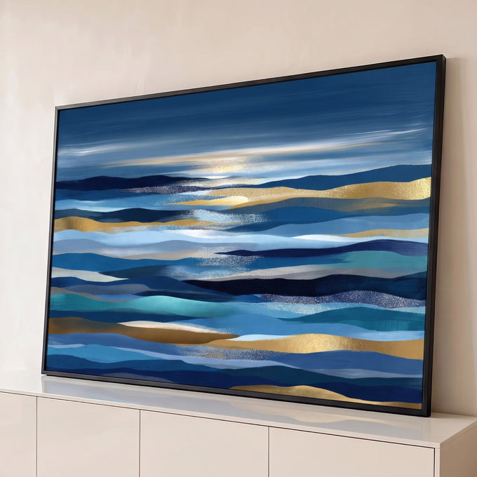 Abstrato de mar em camadas horizontais azuis, turquesa e douradas com brilho no horizonte, quadro decorativo