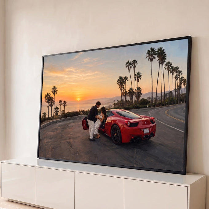 Quadro Decorativo Grande Casal e Carro para Sala Vermelho | quadros decorativos para sala | casal se abraçando ao lado de carro esportivo vermelho em pôr do sol litorâneo com palmeiras | Porao dos Quadros