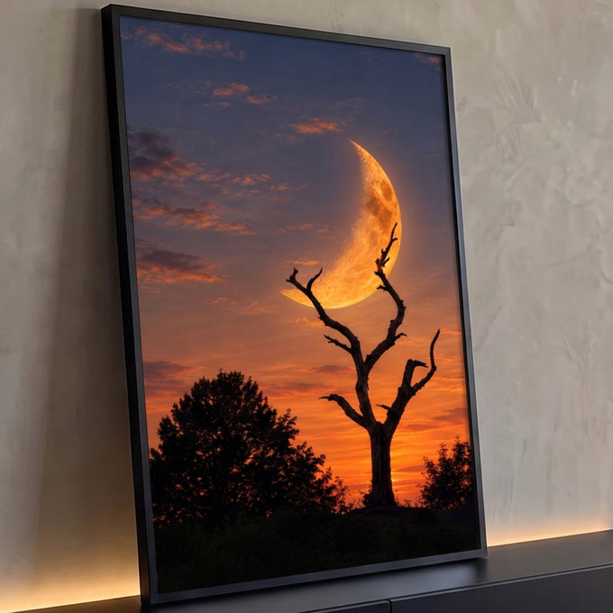 Lua crescente dourada gigante atrás de árvore seca em silhueta no céu laranja do pôr do sol, quadro decorativo