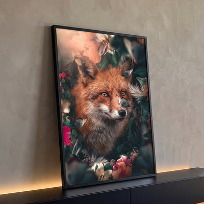 Quadro Decorativo Raposa entre Flores e Borboletas Azuis