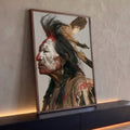 Quadro Decorativo Guerreiro Indígena com Pintura Facial | quadros decorativos para sala | homem indígena de perfil com pintura facial vermelha e branca e cocar de penas | Porao dos Quadros