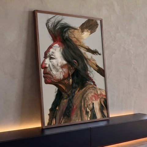 Ancião indígena de perfil com pintura facial branca e vermelha, penas e tranças, quadro decorativo